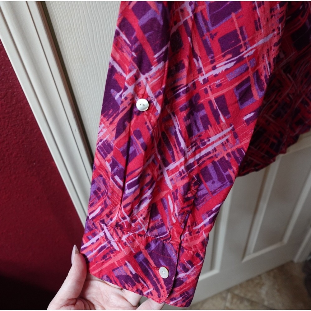 Crazy‎ Horse Liz Claiborne Red Purple Abstract Print Cotton Button Down Shirt 12 - Picture 6 of 7